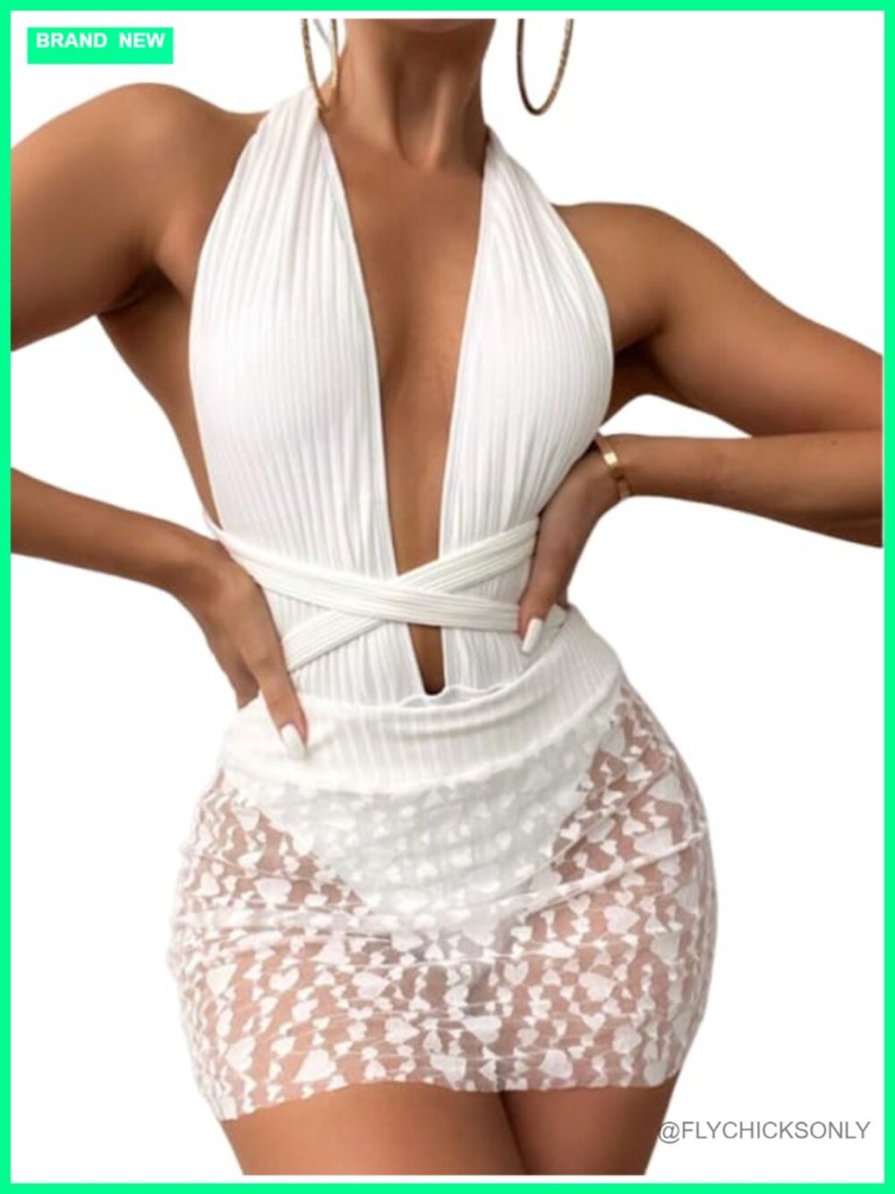 Women's One Piece Swimsuit with Mesh Skirt Sexy High Cut Deep V Neck Halter